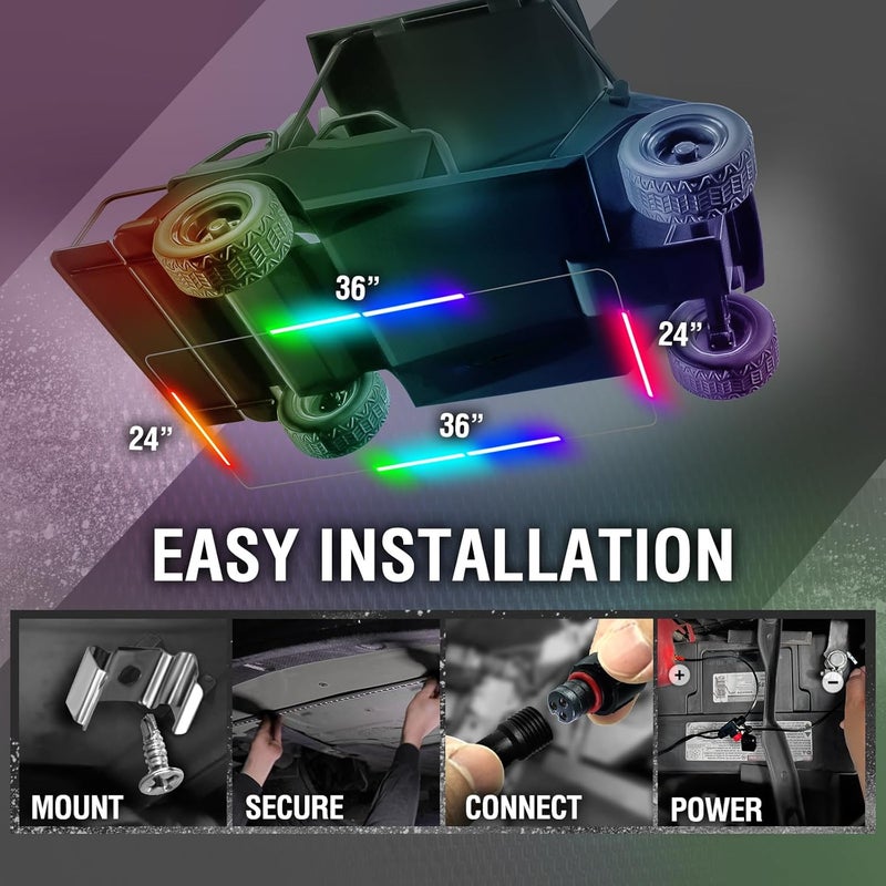 OPT7 Aura 12V DreamColor Underglow Chasing Lights for Golf Cart w/APP & Remote Control, Waterproof Rigid Aluminum Light Bar, Decorative RGB-IC Car LED Lighting Kit, EZGO Yamaha Club Car Universal Fit - Image 5